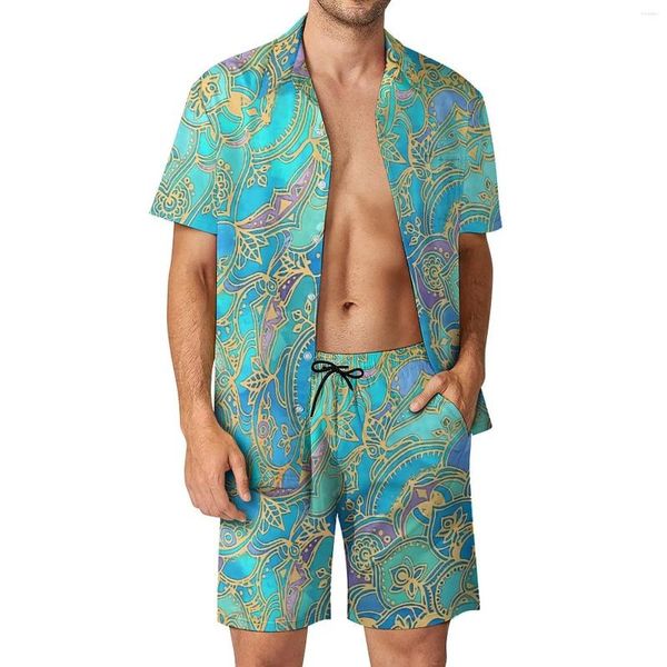Menina de pilotos masculinos Boho Floral Print Beach Homens Define Mandalas Blue Mandalas Conjunto de camisa casual Summer Design Shorts 2 peças Moda Tamanho grande
