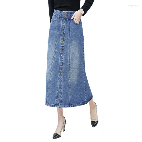 Signe 2024 Scapa di denim Fashion primavera estate donne super lunghe ad alta vita jean singolo a pezzi singolo solido a-line kw147