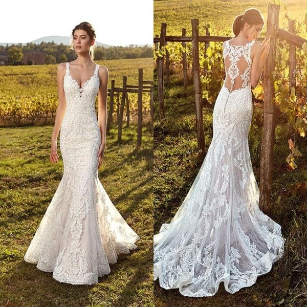 Cinghie eleganti in pizzo a V Deep Neck Mermaid Wedding Dresses Tulle a pizzo completo Summer Beach Wedding Bridal Illelusione Back 272A