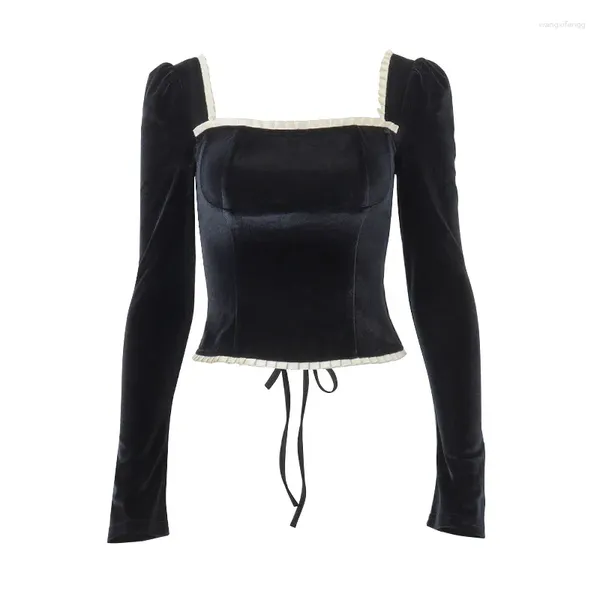 Camicette femminili camicetta per maniche lunghe corsetto in velluto nere