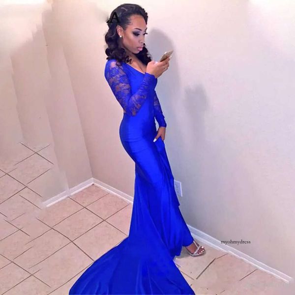 Einfache Royal Blue Mermaid Prom afrikanische schwarze Mädchen Abschlusskleider Ärmel Spitze Lang Abend Party -Festzug Kleider 0510