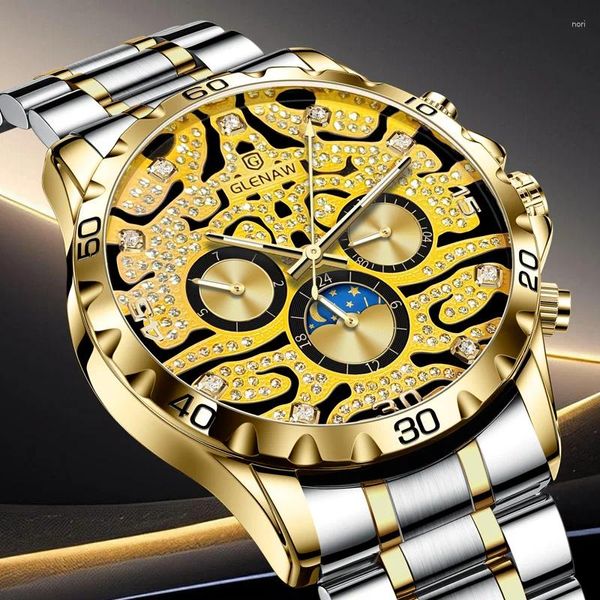 Relógios de pulso Glenaw Gold Skeleton Watch For Men Fashion Diamond Luxury Automático Relógios mecânicos Mãos luminosas Aço inoxidável