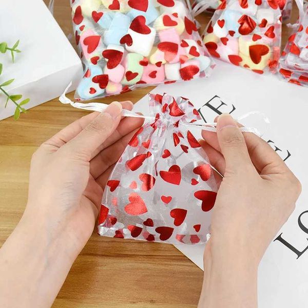 3PCS Gift Wrap 20pcs Red Love Heart Organza Bolsa de festas de casamento Bolsa Candystring Bag Christmas Dia dos namorados Display