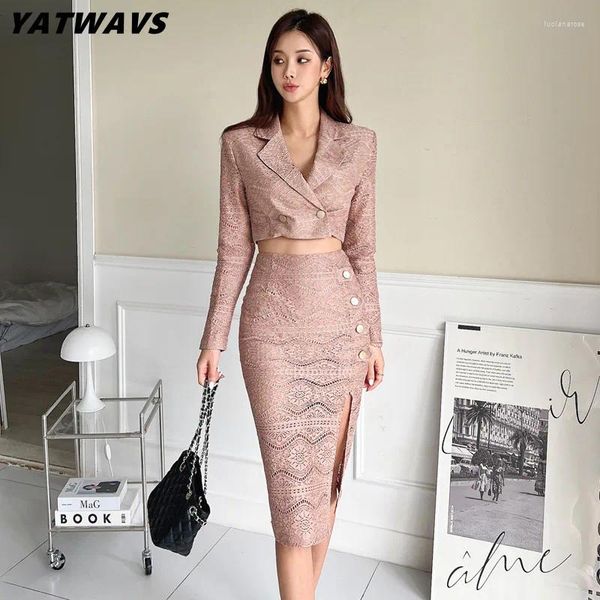 Arbeitskleider High-End-Frauen Korean Herbst gekerbter Nacken Langarm Kurzmantel hoher Taille Spliter Scheide Stifte Rock Elegantes zweiteilige Set