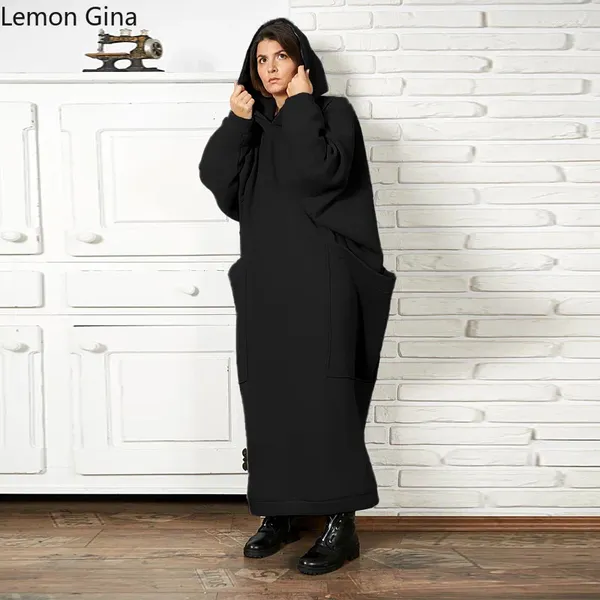 Abiti casual Lemon Gina Donne a manica lunga con cappuccio con cappuccio con cappuccio fitta stile maxi abito maxi moda inverno vestido autunno