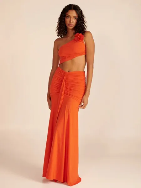 Lässige Kleider Modphy 2024 Damen eine Schulter 3D Blume Hollow Open Back Design Promi abends Runway Orange Ärmel und langes Kleid