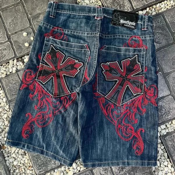 Pattern trasversale geometrico ricamato pantaloncini di jeans oversize per uomini anni 2000 harajuku hip hop high waist pantaloni y2k baggy 240510