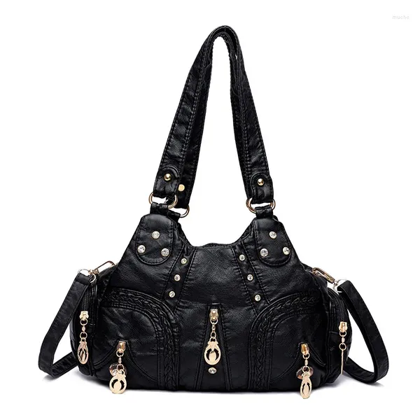 Bolsas de ombro Vintage Bolsa de couro Pu macio Mulheres de grande capacidade Handbag moda crossboding costura cor de cor