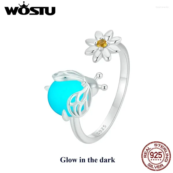 Ringos de cluster Wostu 925 Sterling Silver Luminous Firefly Anel de abertura para mulheres Daisy Flower empilhável brilho nas joias de festa escura