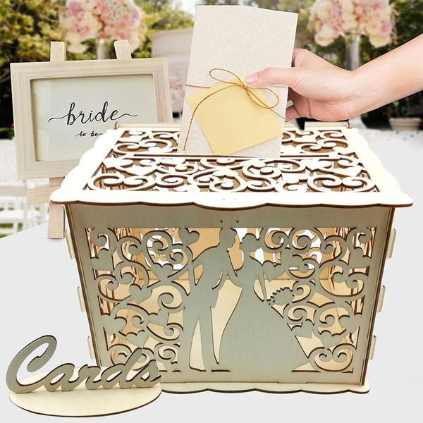 DIY Hochzeitskarte Box Holzpaar Geldboxen mit Lock Hollow Blumalmuster Dekor Geschenkumschlag Geburtstag 240510