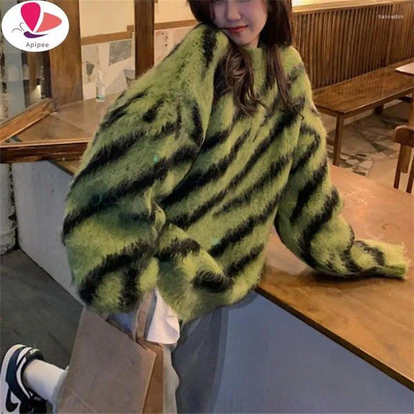 Malhas femininas Apipee Green Stripe de malha de malha de malha Cardigan Sweater Women Women Diziz Coat 2024 Autumn Fashion Lady Streetwear