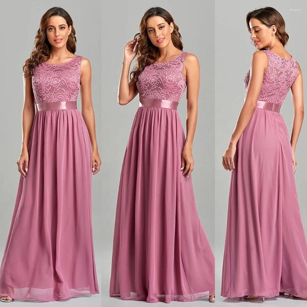 Vestidos casuais vestidos formais e noite 2024 mulheres coram rosa o-pescoço de lacta de chiffon dama de dama de honra vestidos de roupão de roupão