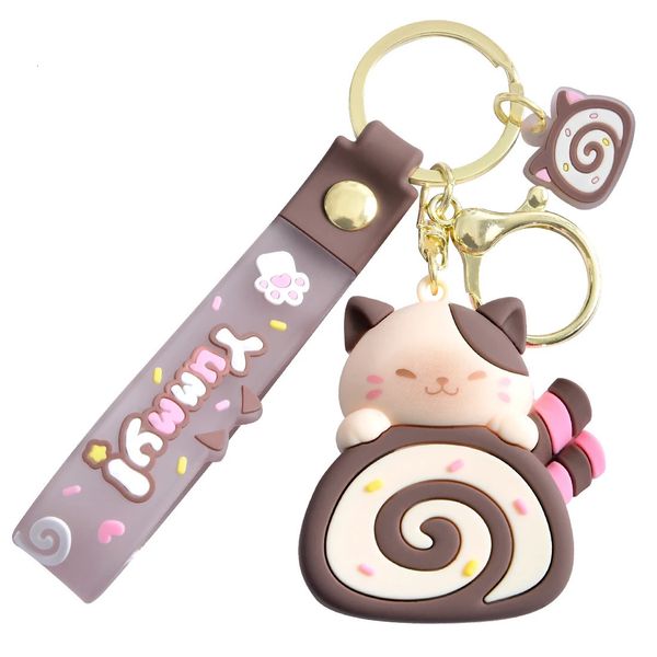 Süße Katzenkuchen Rolle Schlüsselkette Kawaii Kitty Keyring Doll Schoolbag Anhänger Accessoires 240425