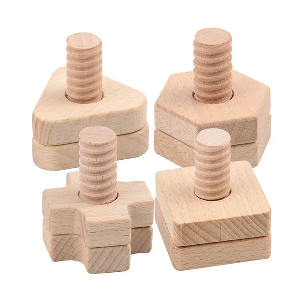 Brinquedos de Beech Baby parafuso Porca de madeira Bloco de construção Early Education Geometry Shapes Combating Toy Fine Motor Skill Blocks para crianças 240509