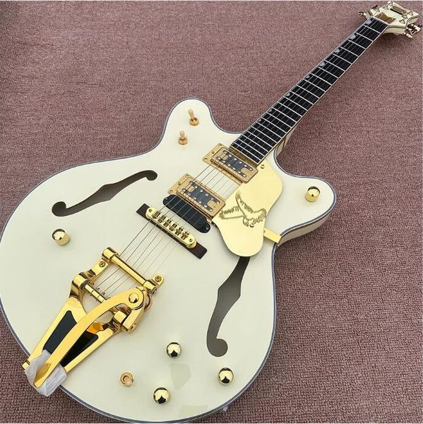 Guitarra elétrica de jazz oco e branco de leite, braço de pau-rosa, hardware de ouro, ponte tremolo, frete grátis