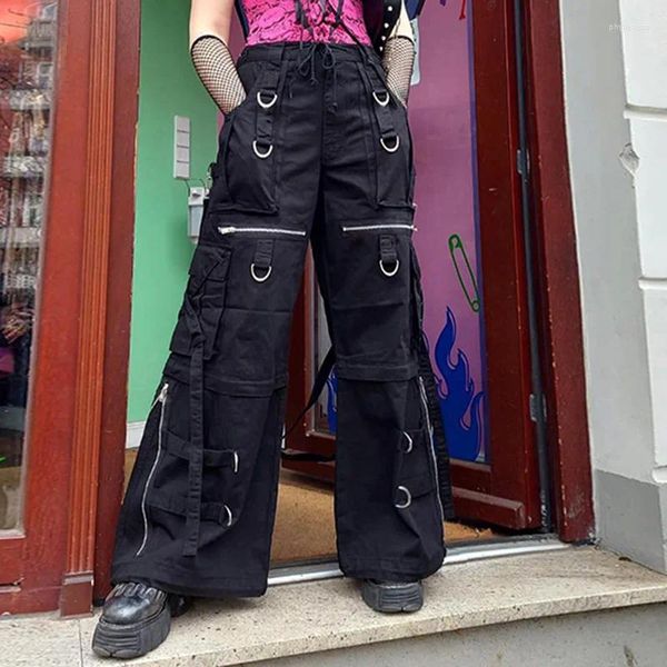 Женские джинсы Технологическая лента лента на молнии на молнии карманные женщины Wide Denim Pant Y2K Cargo Boyfry Beargy Backgy Harajuku Streatwear одежда панк гранж