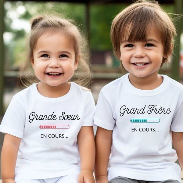 T-Shirts Big Schwester Big Brother in Bearbeitung Französisch gedruckt T-Shirt Schwangerschaft Ankündigung Hemd Hemd Childrens T-Shirt Top Jungen und Mädchen Sommer T-Shirtl2405