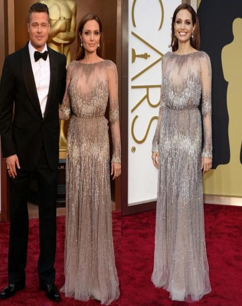 Oscar 2019 vestidos de noite de mangas compridas Angelina Jolie Academy Awards Crystals See através da Celebrity Prom2436445