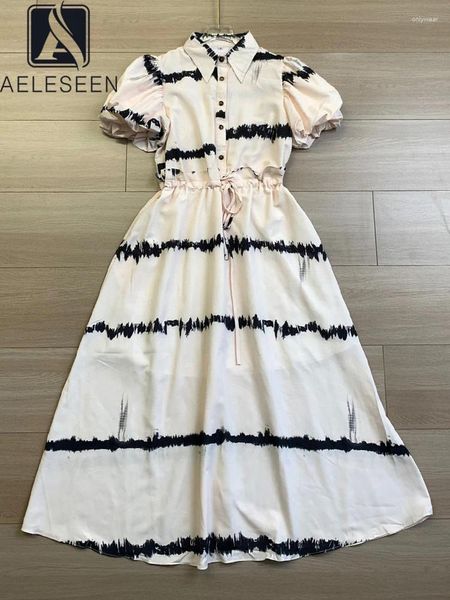 Partykleider aeleseen Frauen Sommer Puff Ärmel Design Mode-Turnhalterkragen grün gedruckt Taille Anpassung Elegantes Midi