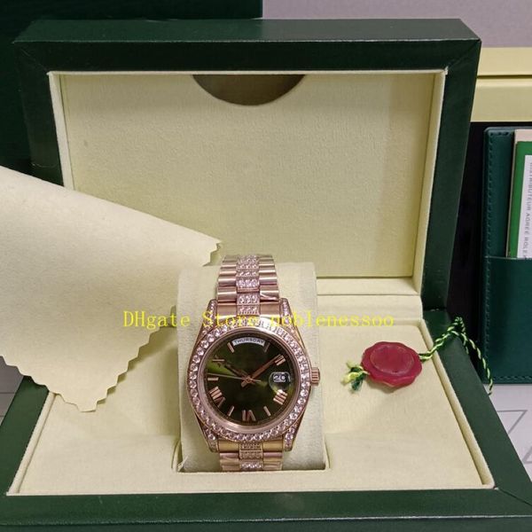 3 cor de foto real relógios de ouro rosa com box homens 40mm verde discagem preta bracelete de diamante Asia 2813 Movimento MENOGEM AUTOMÁTICO MENINO 258N