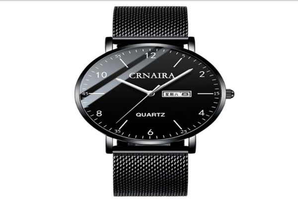 Crnaira Black Steel Mesh Band Quartz Mens Relógios Luminous Calendário Assista Big Three Hands Business Casual Man Man Wristwatches5794377