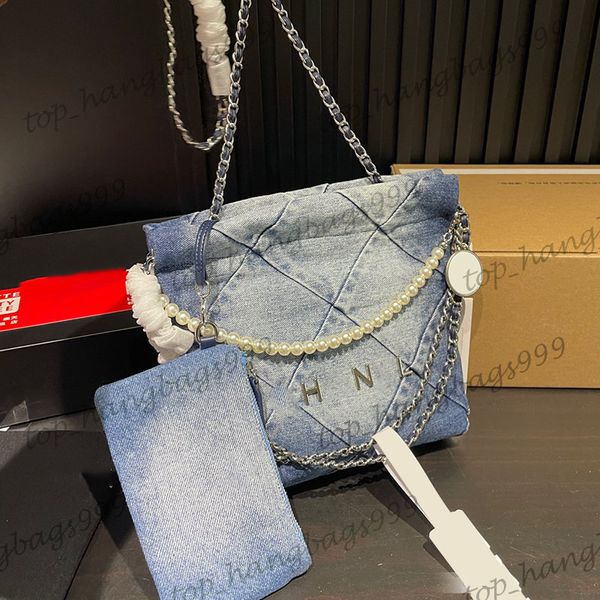 22 gradiente in denim blu classico mini spallo per acquisti trapuntato con perle frizione a gocce in argento gusta metallico hardware metalasse a catena matelasse borsetta a traversa 19x21cm