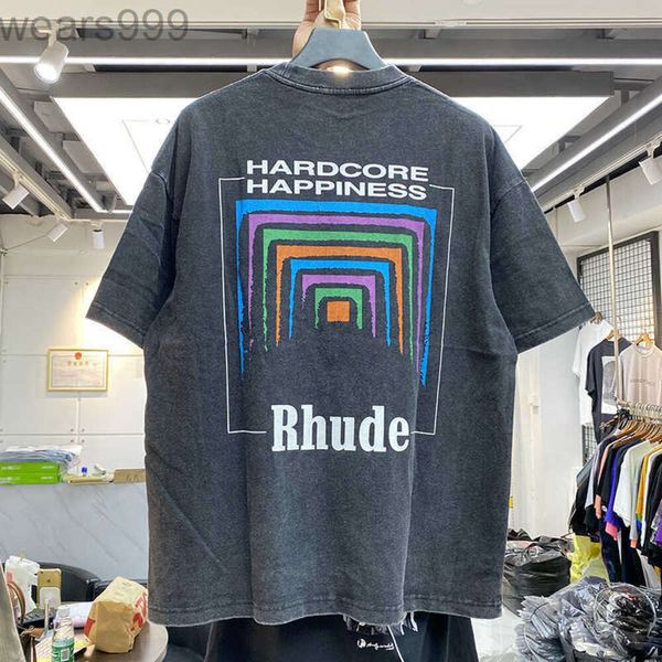 T-shirt maschile uomini donne in tessuto vintage pesante prospettiva rhude box tee top leggermente sciolti multicolore bella t-shirt rhude lavata unv6