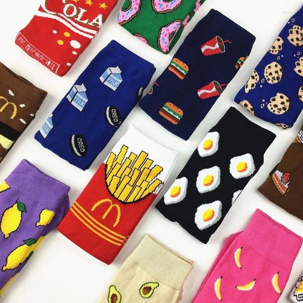 Frauen Socken farbenfrohe Frauen Pommes Cola Früchte Banane Avocado Zitronen -Eier -Keks Donuts Essen Happy Color Sox Harajuku Männer