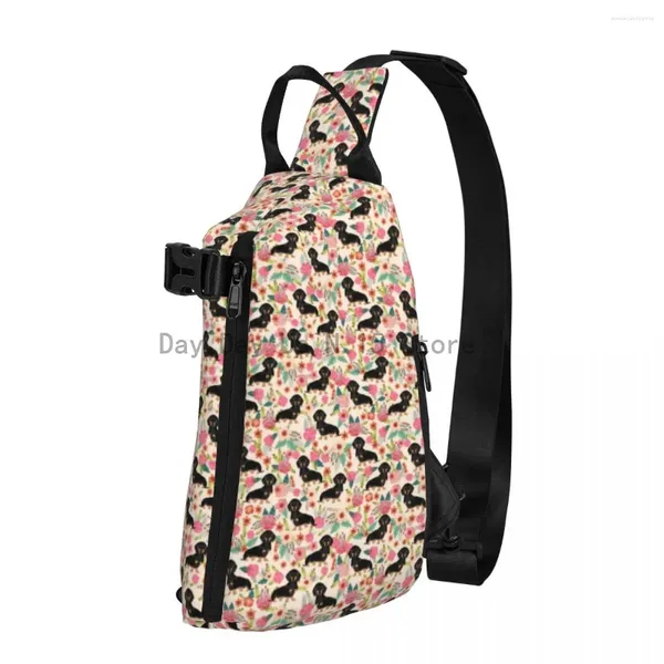 Sırt çantası dachshund baskı omuz çantaları pembe çiçek koşan göğüs çantası unisex bisiklet sling moda telefon crossbody