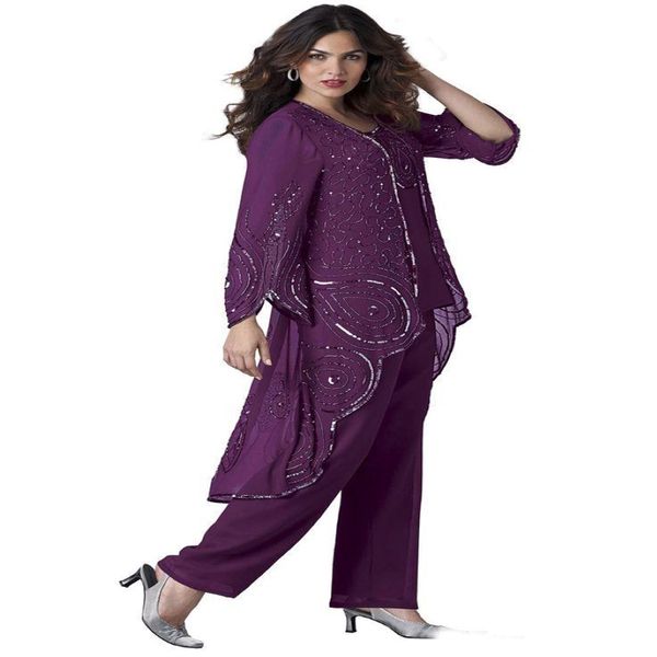 2020 Plus Size 3 Stücke Mutter der Brauthosen Anzüge Pailletten Langarm Chiffon Mutter Kleider mit Jacke formelles Kleid 262e