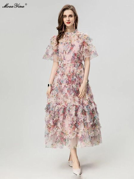 Partykleider Moaayina Modedesigner Sommer Frauen O-Neck Kragen Druck floraler Polyester Büro Dame Empire A-Line-Kleid