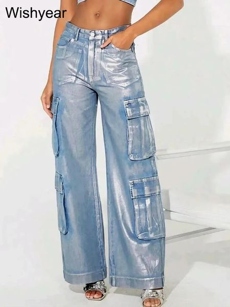 Silber Stretch Denim Cargo Hosen Frauen hohe Taille Streetwear Hip Hop Hosen Frauen große Taschen Baggy Jeans Jogging Pants Y2K 240510