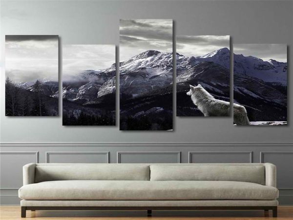Cool HD Stampes tela Wall Art soggiorno Decorazioni per la casa Immagini 5 pezzi Snow Mountain Plateau Wolf Dipinti Animali Poster Framew9194667