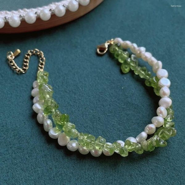 Strand Bracelets de pérolas de água doce natural para mulheres chips irregulares Green Peridot Cryartz Crystal Small Barroce