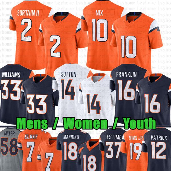 10 Bo Nix Troy Franklin Peyton Manning Football Jersey Patrick Surtain II John Elway Javonte Williams Courtland Sutton Marvin Mims Jr Riley Moss Quinn Meinerz Estime