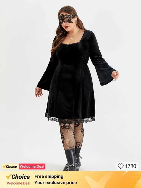 Abiti taglie forti di dimensioni plus size Womens Womens Elegant Velvet in pizzo Fare Abito Slve Abito Slve Long Slve Square A Dress Abito da festa Y240510