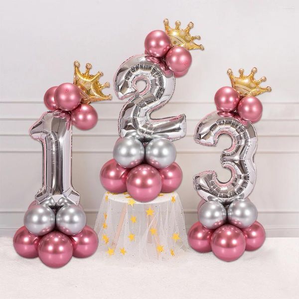 Decorazione per feste da 32 pollici Croona d'argento Numero palloncini in foglio di 1 ° compleanno Decorazioni per bambini Baby Shower Helium Baloon un anno Globos