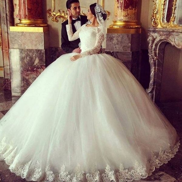 Abiti da sposa a maniche lunghe -Abito da palla di pizzo gonfio applicato abiti da sposa arabi bianchi Robe de Mariage 2145