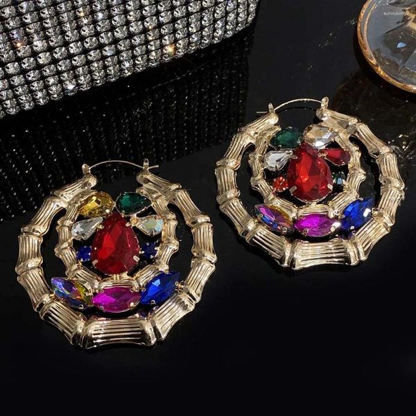 Brincos de argola FreeTry Punk DoubleLayer Bamboo Circle for Women Moda Moda Geométrica Colorido Retro Big Brincing Jewelry Gifts