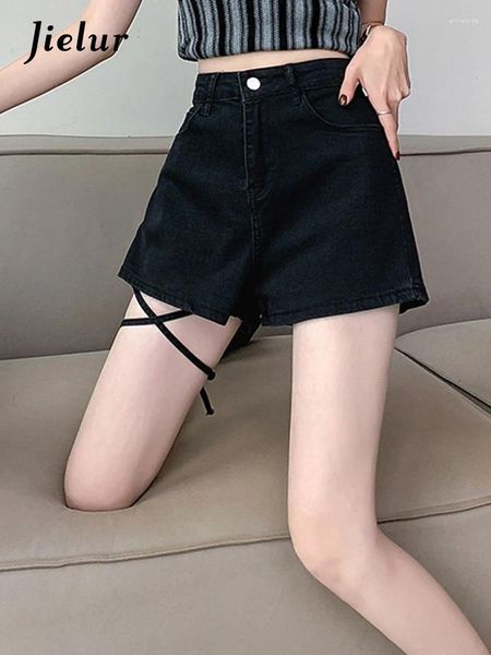 Kadın kot pantolon siyah seksi yüksek bel kadın bandaj düz renkli yıkanmış denim şort nedensel moda sokak kıyafetleri ofis bayan