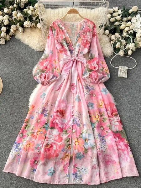 Lässige Kleider 2024 Mode Gorgeous Flower Chiffon Kleid Frauen tiefe v Hals Langarm Langarm Single Breace Blumendruck Schnüre up lose Maxi