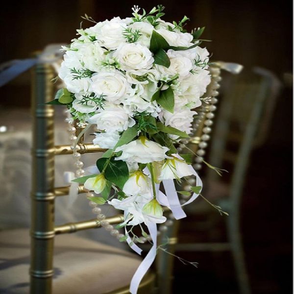 Hochzeitsblumen Wasserfall Weiße Kaltperlen Kristallbouquenzen Brautjungfer Braut Bouquet Hand de Mariage Rose 250Q
