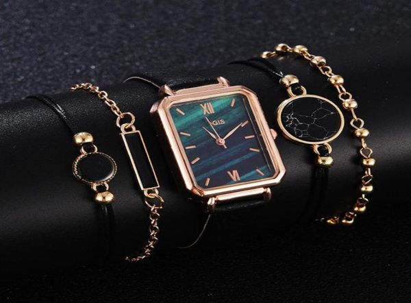 5pcs Set Moda Watch for Women Square Leather Ladies Bracelet Watches Wrist Watt Watch Female Black Relloj Drop221N9933298