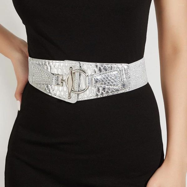 Cintos de camisa de fivela de prata da moda feminina com cintura elástica decoração de espartilho largo alça de vedação