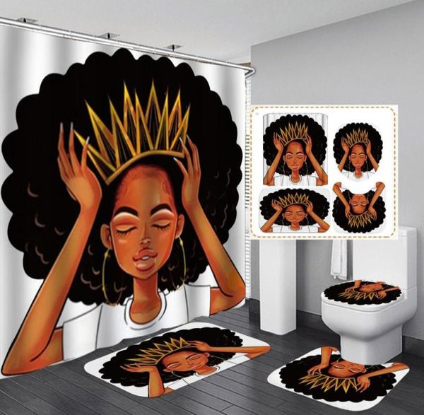 Donne americane con tenda da doccia a corona afro africano ragazza regina principessa tende da bagno con tappeti set di posti a sedere 7038076