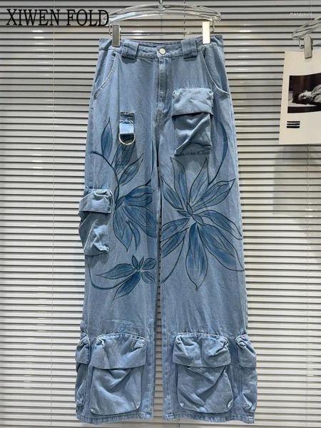 Jeans femininos XIWEN 2024 Contraste de verão Color Flower Papockets