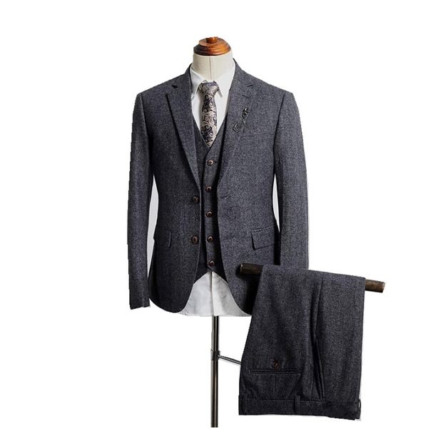 Echtes Bild Winter grau Tweed Stoff Man Business Anzüge Bräutigam Smokedos Männer Party Mantel Weste Coat Hosen
