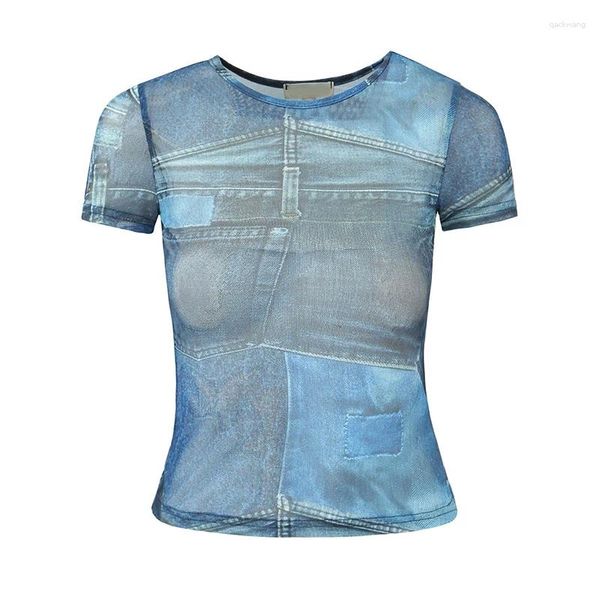 Camisetas femininas ynekye jeans azul impressão alta estrech malha de malha mulher o pescoço de manga curta slim croft top ladies tees