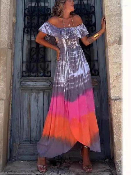 Vestidos de festa Vestido de cor floral estilo rua com pregas um ombro de altura altura da cintura