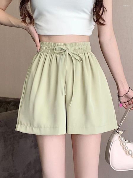 Shorts femininos Mulheres 2024 Summer moda gelo seda de seda larga cor sólida cor sólida chiffon calça curta Ladies High Waist Loose L194